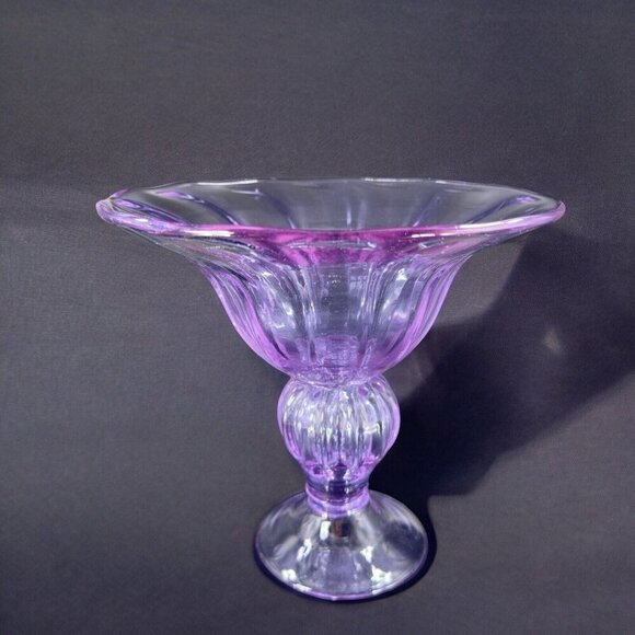 Large Hand Blown Pedestal Bright Purple Lilac Glass Bowl Footed Vase Vintage - Picture 2 of 16